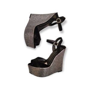 Qupid Women's Sliver & Black Wedges Heel Ankle Strappy Sandals Shoes Size 9